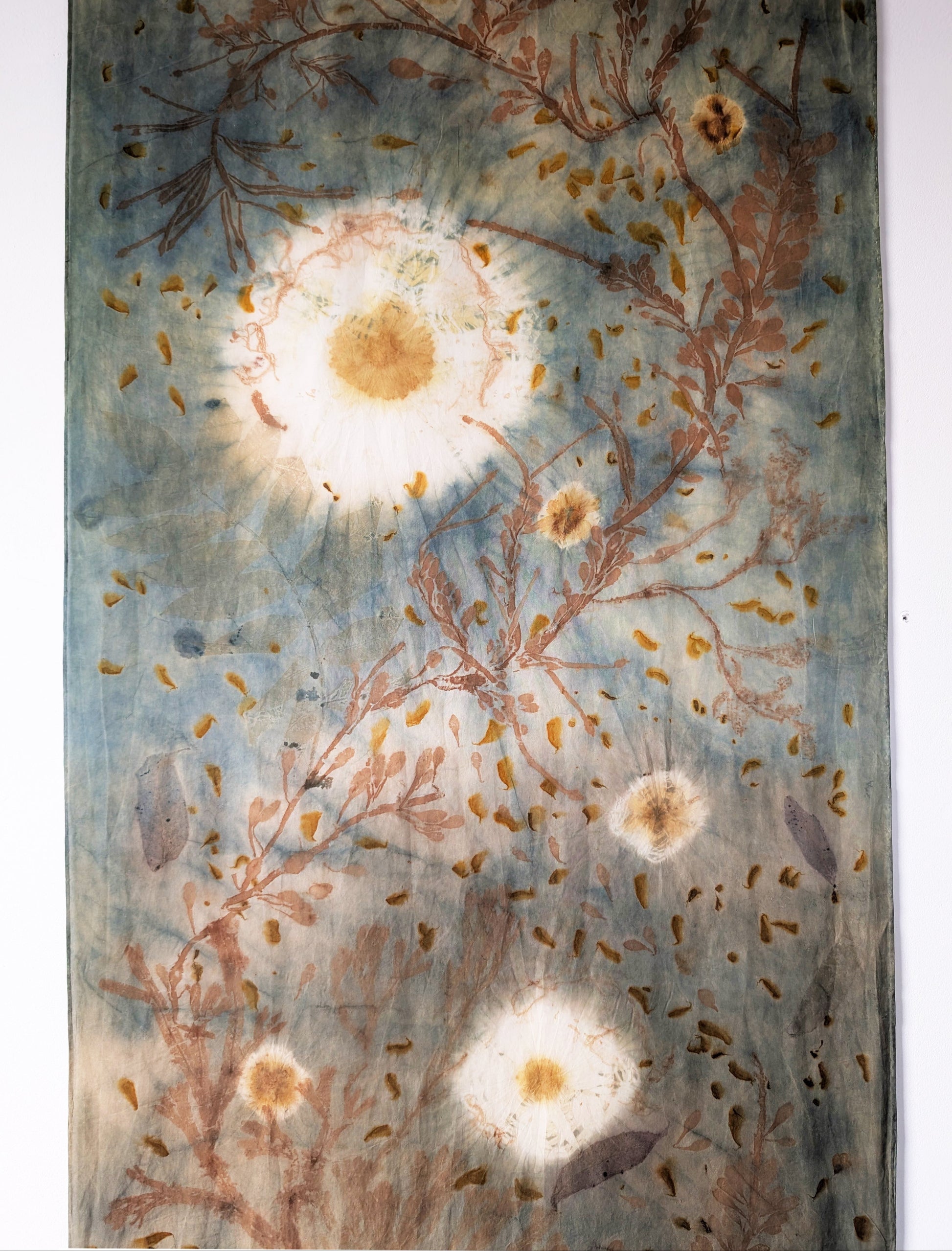 Sustainable silk scarf, naturally dyed and eco-printed with seaweed on soft silk