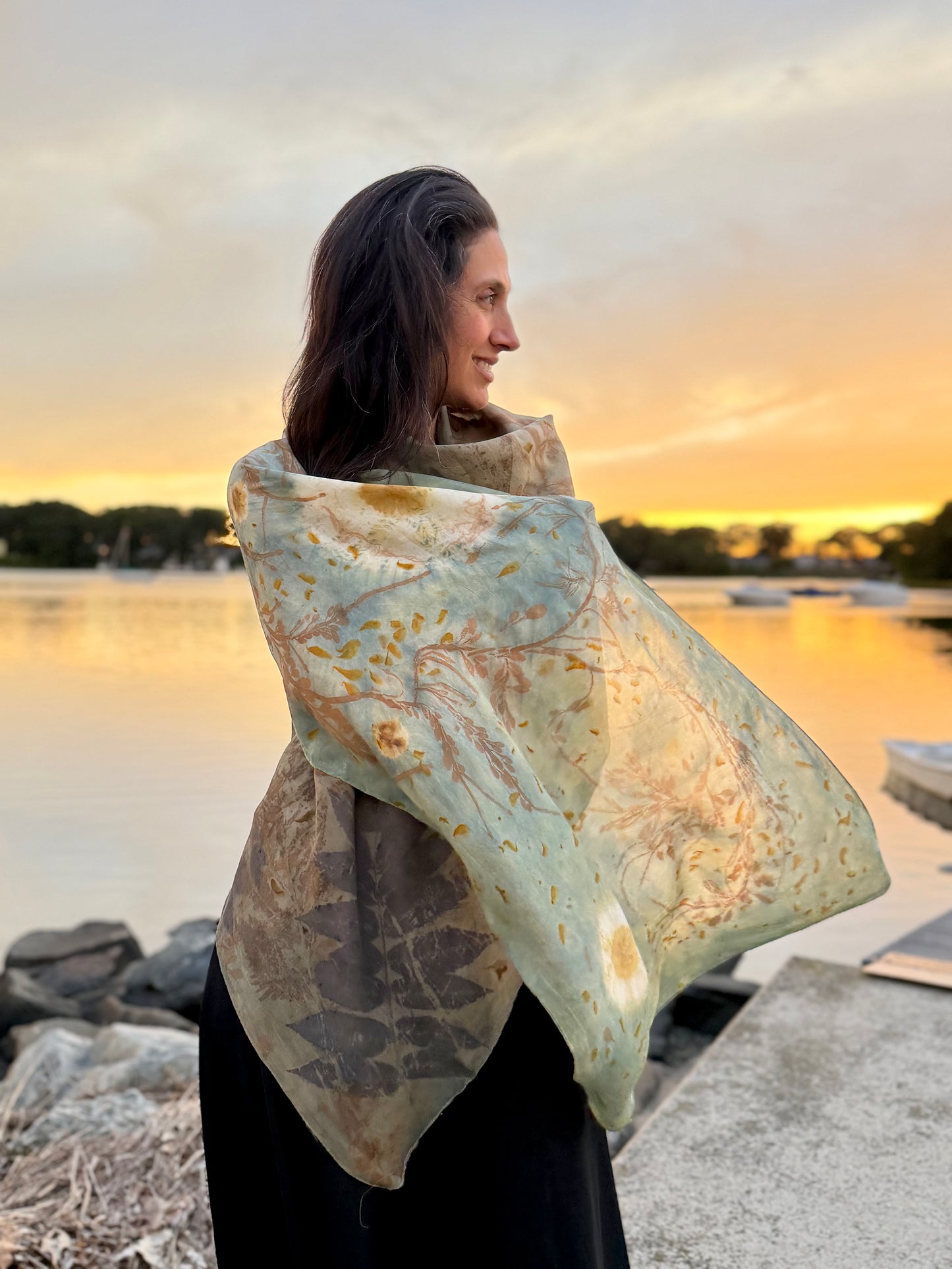 Hand-dyed silk shawl inspired by moonlight and ocean, eco-printed with plants