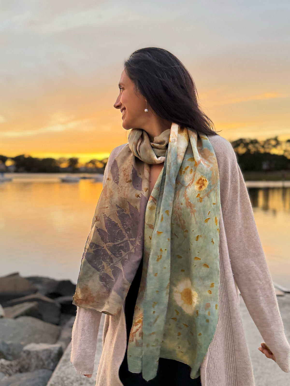 y dyed silk scarf featuring seaweed and botanical prints in soft ocean hues