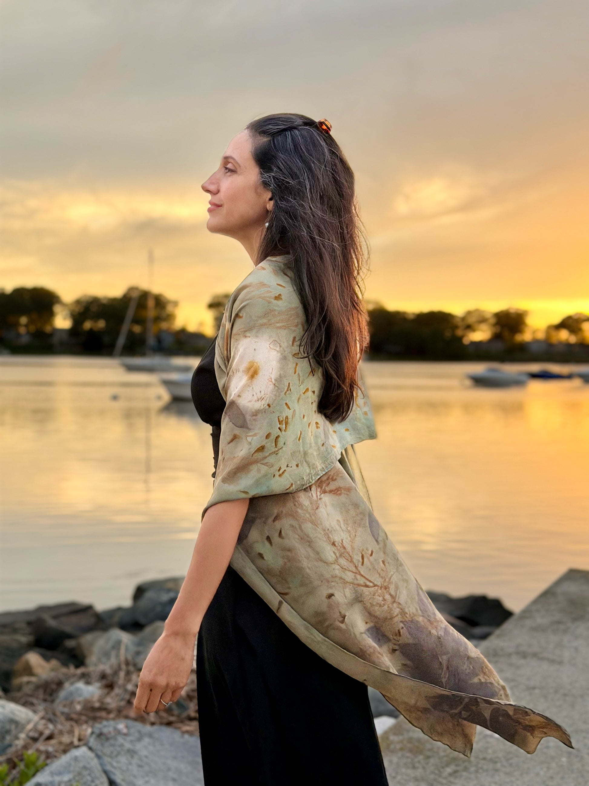 Large lightweight silk wrap in gray-blue tones, handcrafted with botanical dyes